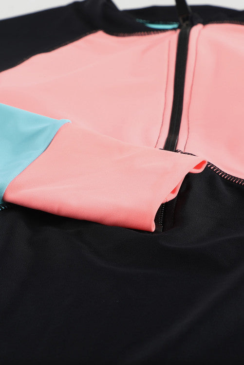 Coral/Mint Color Block Zip Up Rashguard Sports Top