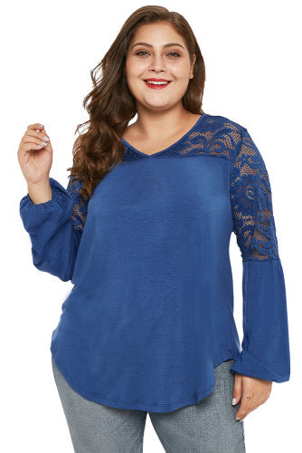 •Long sleeved style with lace splice   •Floral lace and keyhole back details  •V neckline, shirttail hemline, relaxed fit  •Made of soft knit fabric