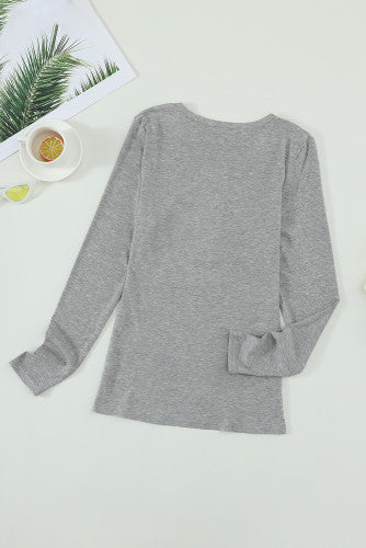 Gray Scoop Neck Buttoned Front Long Sleeve Knit Top