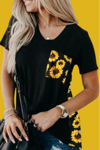 Black with Sunflowers V-Neck Color Block Knit Tee