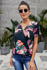 Navy Floral Draped Short Sleeve Blouse