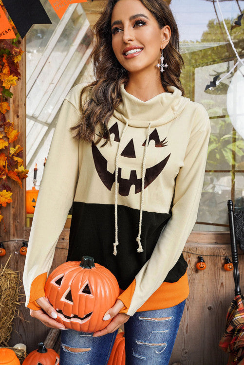 Cowl Neck Pumpkin Print Color Block Halloween Sweatshirt