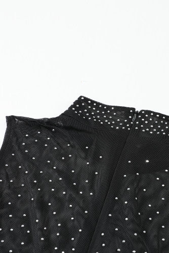 Black Sheer Rhinestone Studded Sleeveless Bodysuit