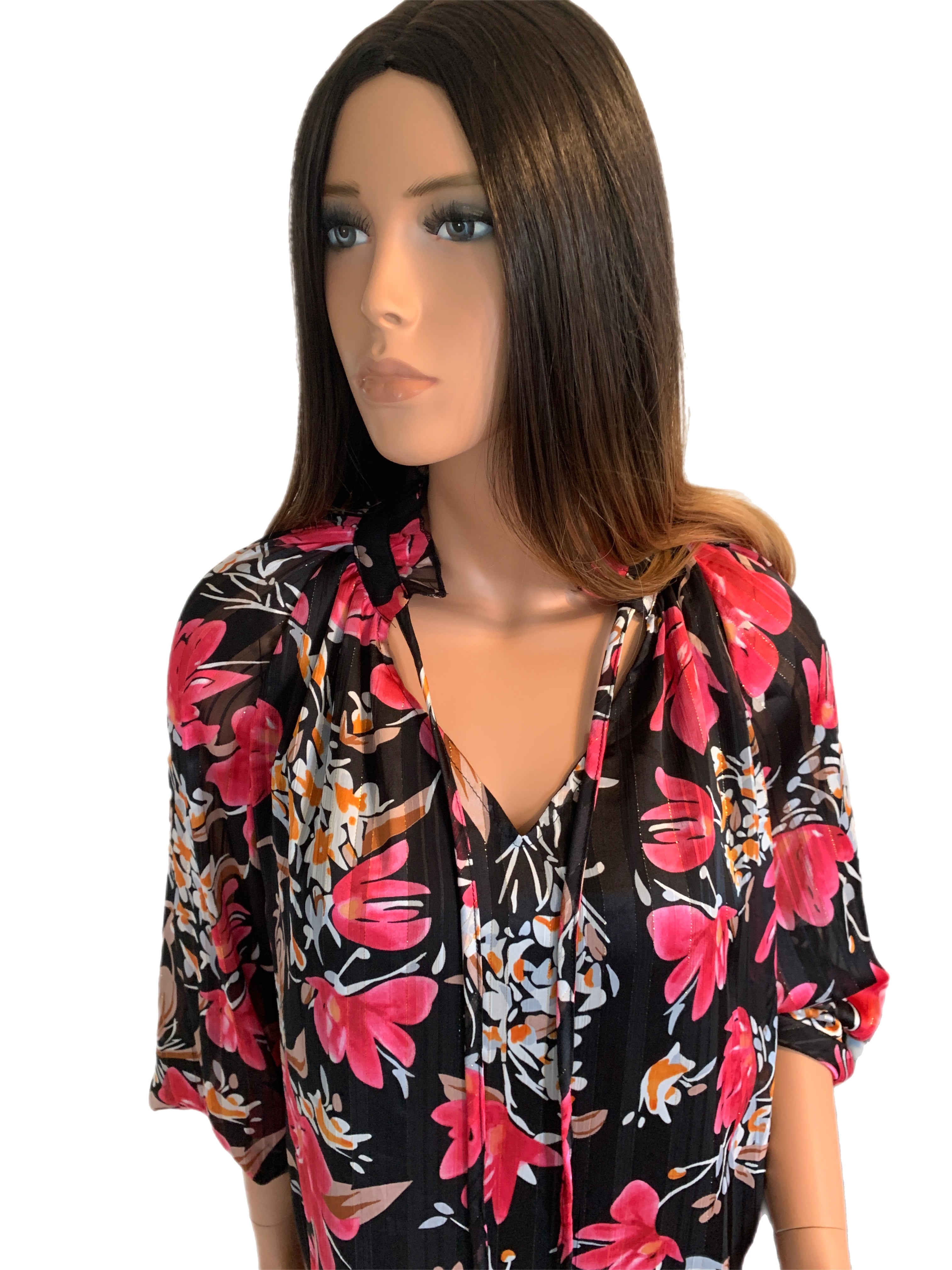 Black & Fuchsia Floral V-Neck Tie Blouse