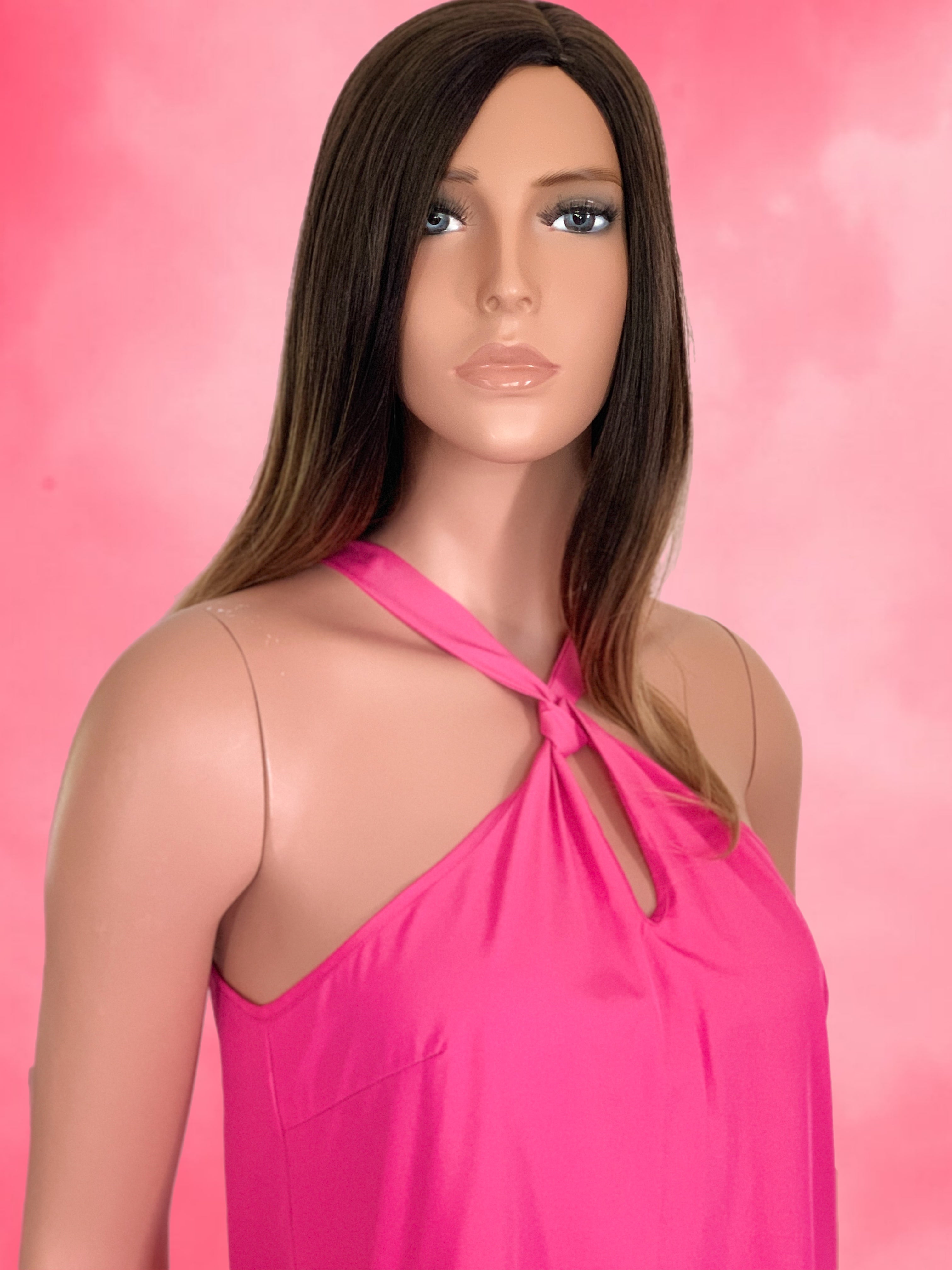 Fuchsia Pink Halter Tie Back Silky Dress