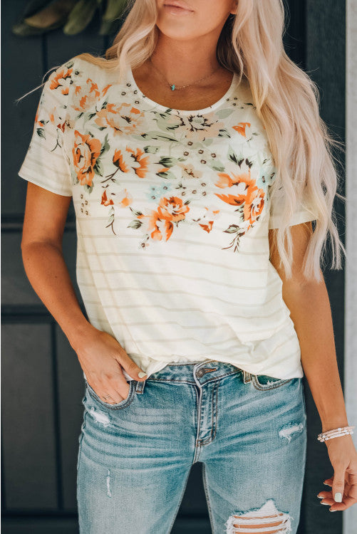 White Peach Spring Floral & Stripe Tee
