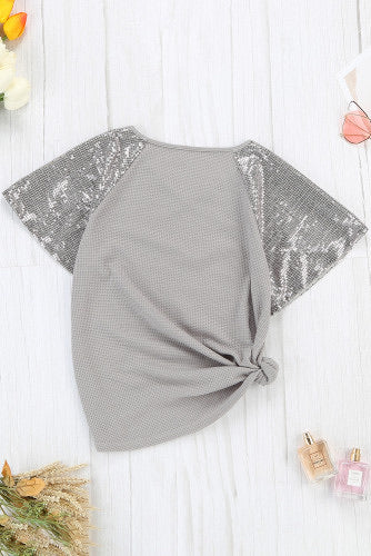 Gray Waffle Knit Sequined Short Sleeve Top