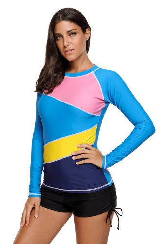 A long-sleeve sport top not only great for aquatic activities but also suitable for jogging, yoga and exercises. Quick-drying, stretch fabric blend provides for a superb wear, while giving protection to shield you from the sun's harmful rays. Flatlock seams minimize chafing and irritation. Featured by unique print patterns!   