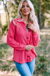 Bright Pink Waffle Knit Oversized Button Up Shirt