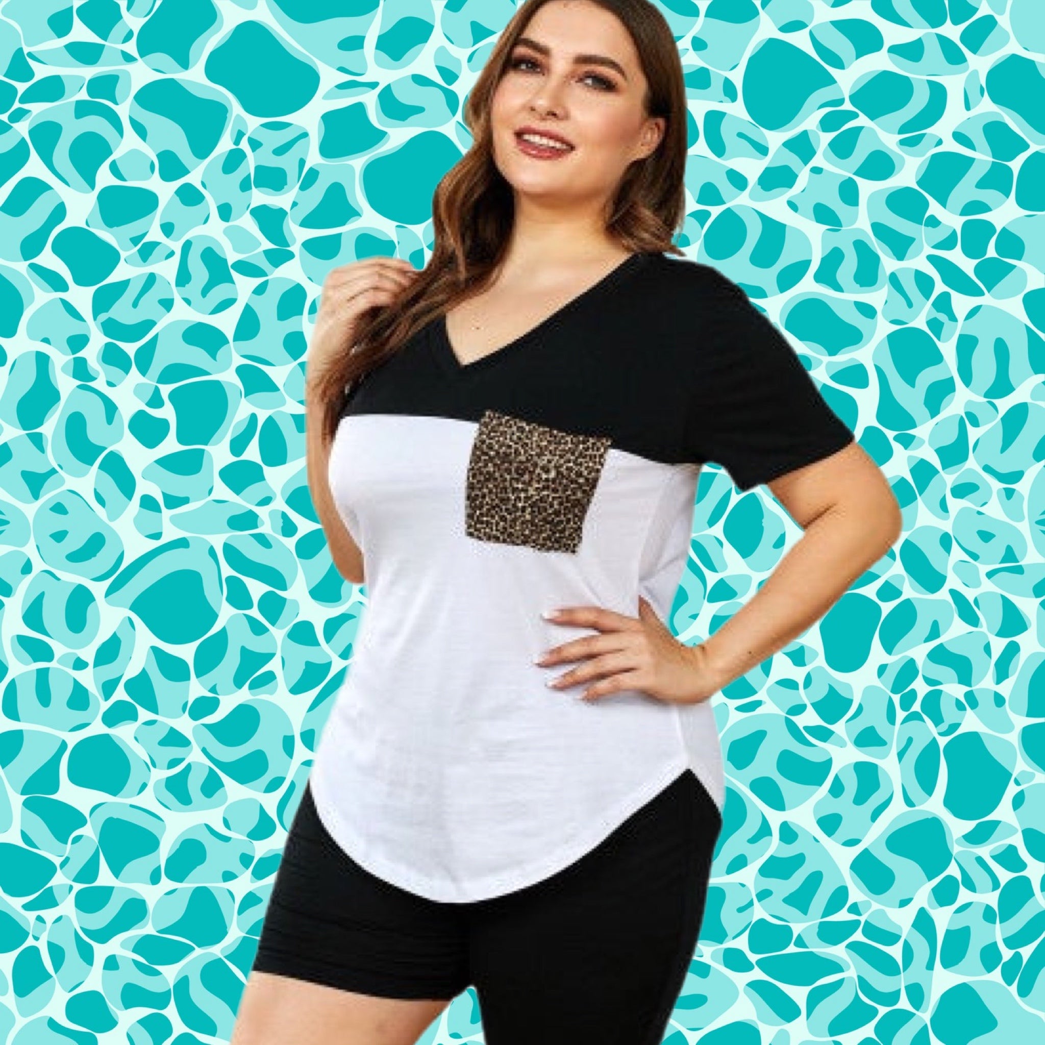 Curvy Size Black Leopard Pocket Tee & Shorts Lounge Set