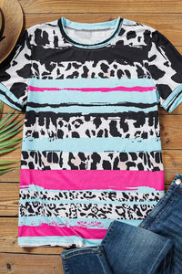 Pink, aqua and leopard print striped short sleeve crew neck tee. Simple and basic casual tee with brilliant colors and trendy design. Tee is made with soft, lightweight, premium knit fabric for all-day comfortable wear. 