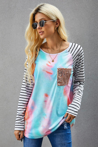 Pink & Aqua Tie-dye Print Sequin Pocket Long-sleeve Top