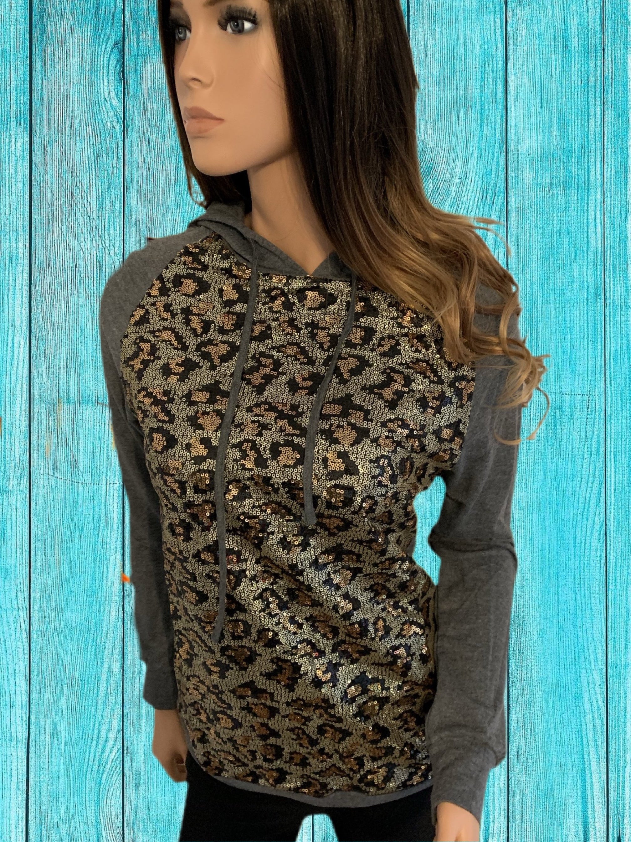 Allover Front Leopard Print Sequins Gray Hoodie