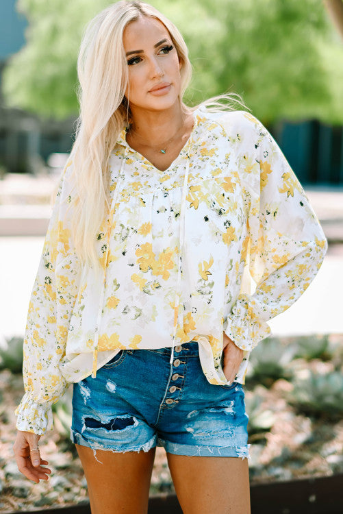 Yellow Floral Ruffly V-Neck Blouse