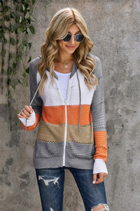Ash and Pumpkin Color-block Full Zip Hooded Sweater