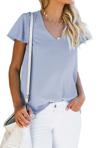 Unique ruched shoulder design is fascinating  •Flutter short sleeve, regular fit shape and hi-lo hem  •You can match it with leggings, jeans or casual pants  Nice silky feel textured blouse    