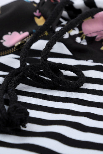 Black and White Striped Floral Print Double Hoodie