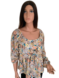 Colorful Fall Floral Crossover Front Tie Blouse