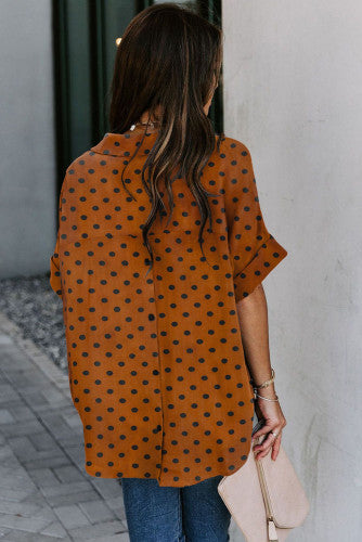 Brown Polka Dot Print Button Down Blouse
