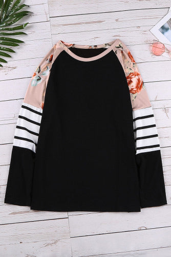 Black Striped Floral Long Sleeve Knit Top