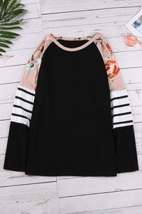 Black Striped Floral Long Sleeve Knit Top