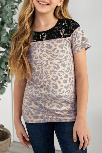 Girls Leopard Print Black Lace Trim Tee