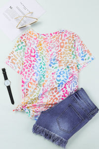 Multi-colored Leopard Print V-neck Knit Tee