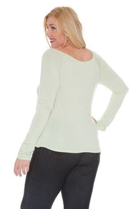 PASTEL GREEN LONG SLEEVE WRAP PLUS SIZE TOP  Lightweight stretchy knit .  Very roomy in bust area!!  Style is a snugger fit stretch knit   Made in the USA