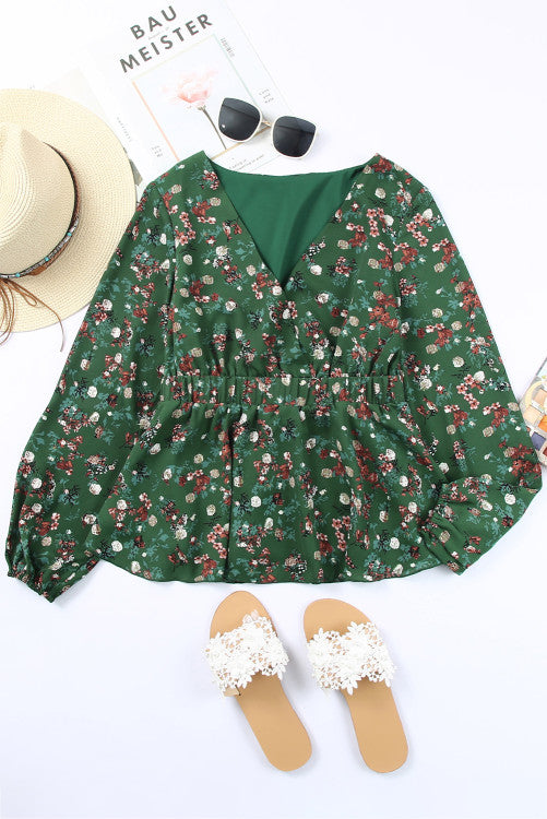 Green Floral V-Neck Peplum Blouse