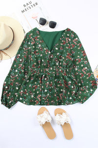 Green Floral V-Neck Peplum Blouse