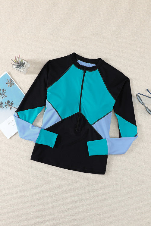 Teal Green Color Block Zip Up Rashguard Sports Top