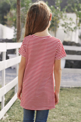 Girls Red Striped Short Sleeve Front Twist Tunic Top