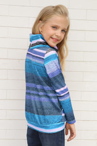 Girls Sky Blues Striped Cowl Neck Pullover w/Pockets