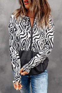 Zebra Print Kangaroo Pocket Half Zip Hoodie