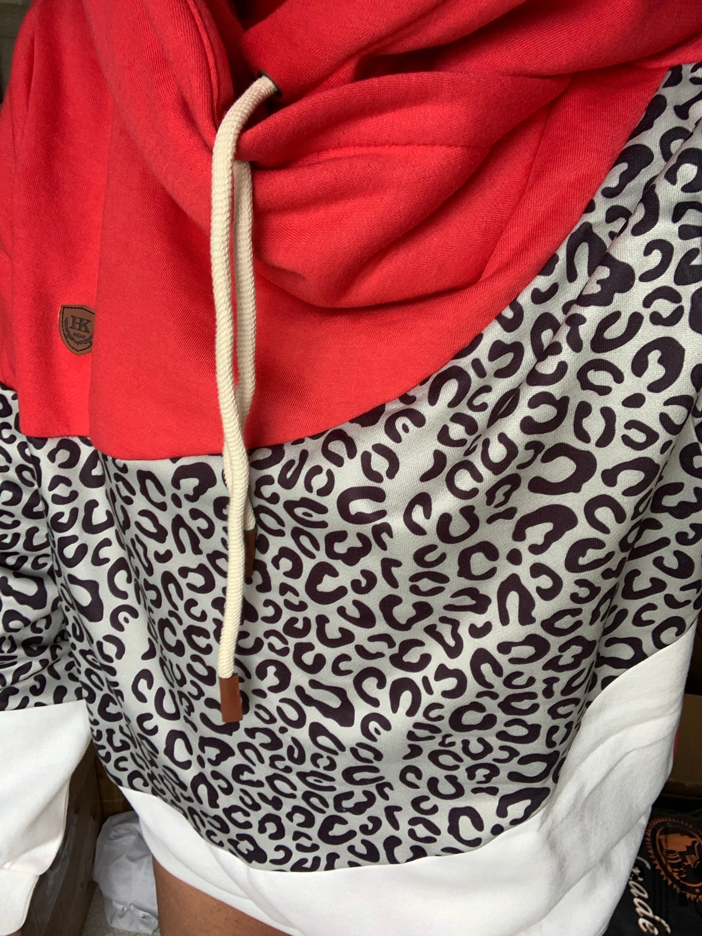 Red Leopard Print Color-block Hooded Sweatshirt