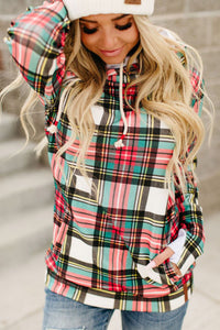 Holiday colored plaid pattern double hooded hoodie. Cowl neck with off to the side drawstring with asymmetrical zip, had with thumb hole at cuffs. Outer hood is holiday plaid pattern, with inside hood a solid white. Super soft cotton blend fabric.    