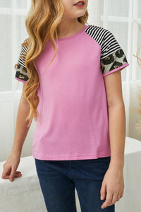 Girls Pink Striped Leopard Print Sleeve Tee