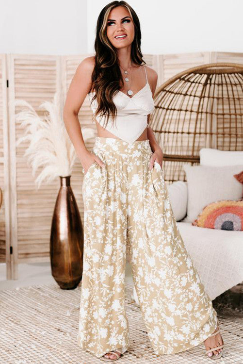 Bohemian floral style stretchy high waisted wide leg chic pants. Cool breezy casual pants to wear on hot sunny days. 