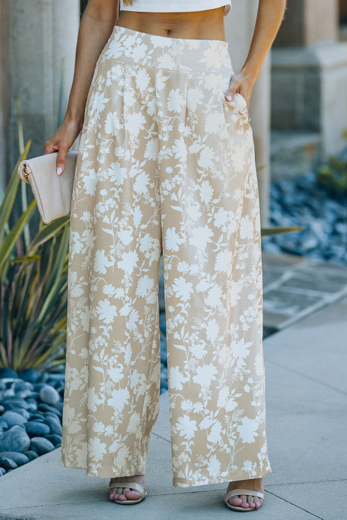 Tan Floral Silky Wide Leg Pants