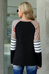 Black Striped Floral Long Sleeve Knit Top