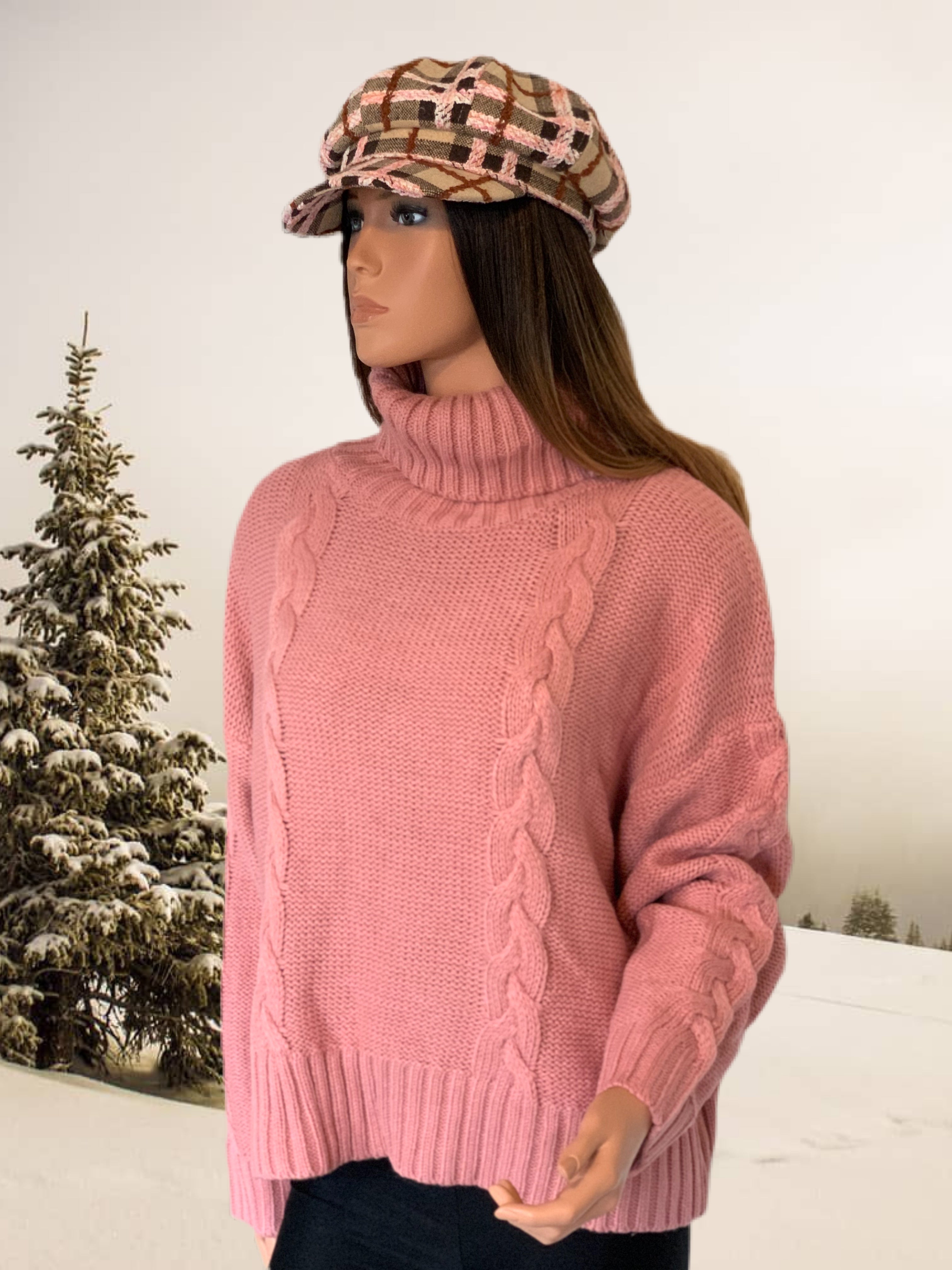 Rose Pink Chunky Cable Knit Sweater