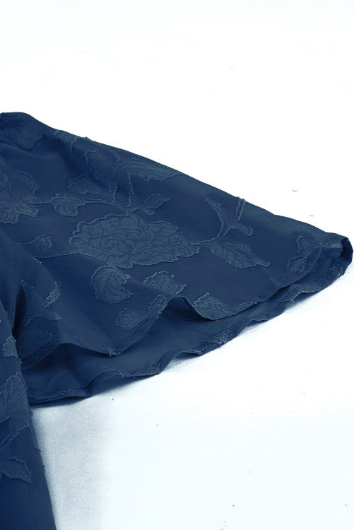 Navy Textured Floral Bell Sleeve Blouse