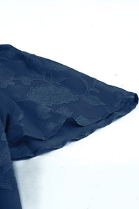 Navy Textured Floral Bell Sleeve Blouse