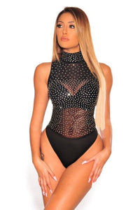 Black Sheer Rhinestone Studded Sleeveless Bodysuit