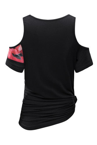 Red Floral Colorblock Cold Shoulder Tee-Final sale!