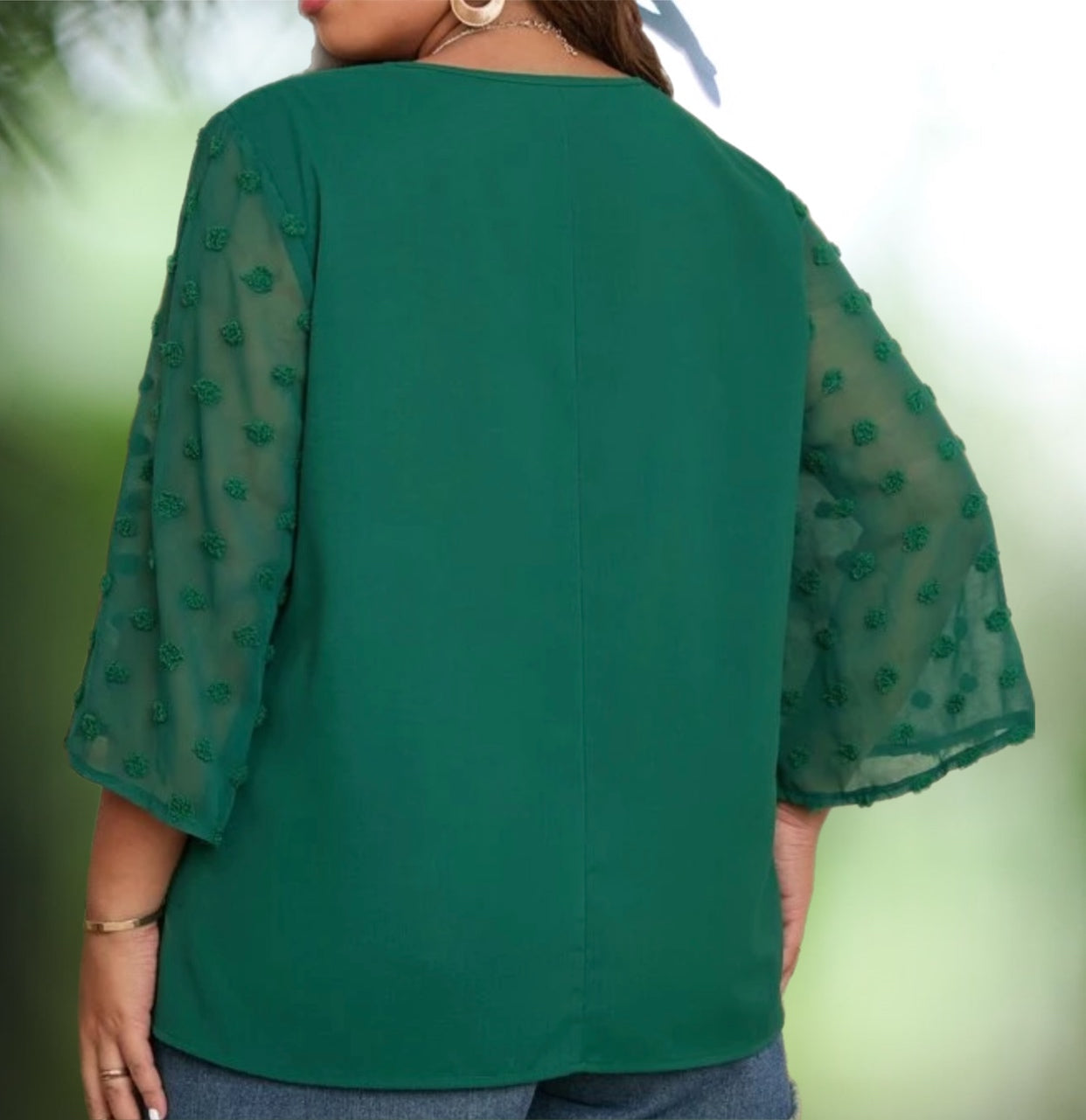 Beautiful emerald green curvy size blouse with Swiss dot lace 3/4 bell sleeve and V-Neck style. Lightweight silky polyester blend fabric. Great top to wear out or to the office. Roomy blouse. 