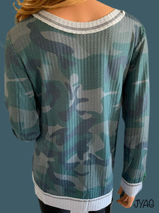 Distressed Camo Exposed Seam Waffle Knit Top