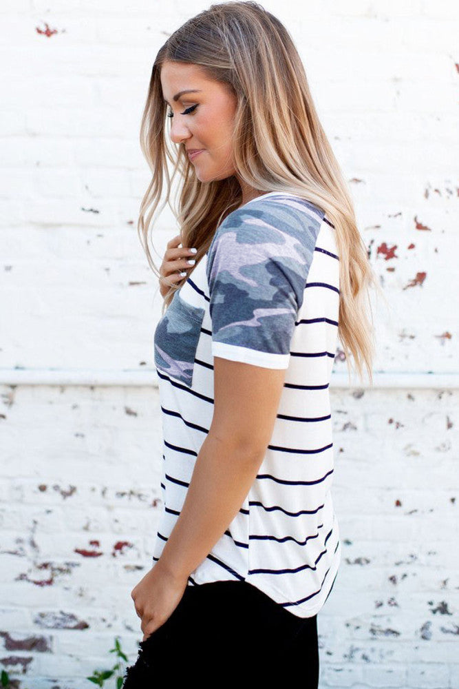 White Black Striped Camo Pocket Tee