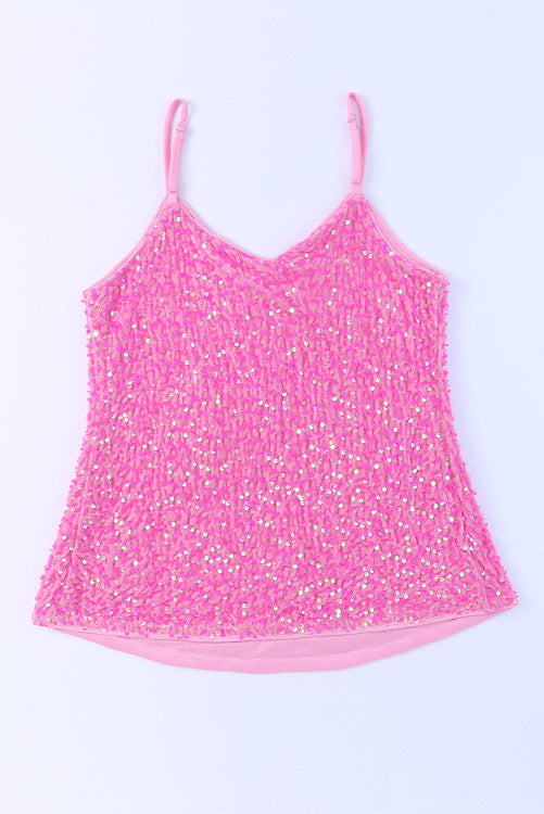 Bright Pink Sequined Velour Strappy Tank