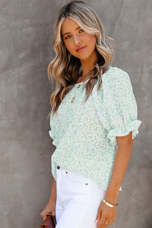 Mint Floral Puff Sleeve Crinkle Blouse